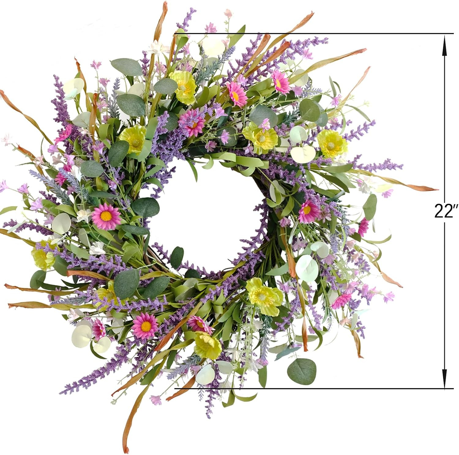 20 Inch Spring Summer Wild Flower Artificial Daisy Front Door Wreath, Everyday G