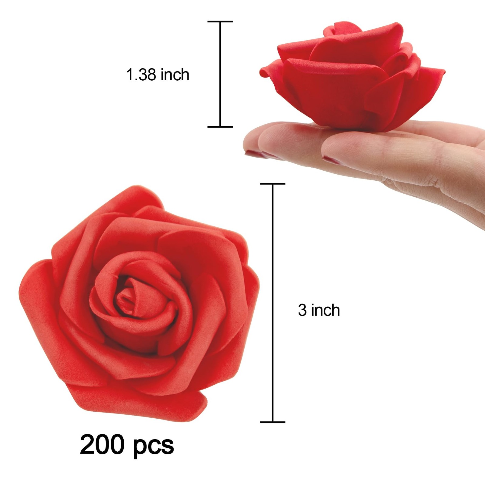 200 Pcs 3 Inch Red Rose Artificial Flower Heads for DIY Crafts Wedding Bouquets