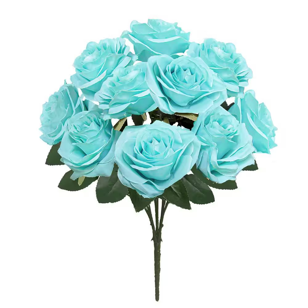 18 In. Deluxe Tiffany Blue Artificial Queen Rose Flower Stem Bush Bouquet (Set o