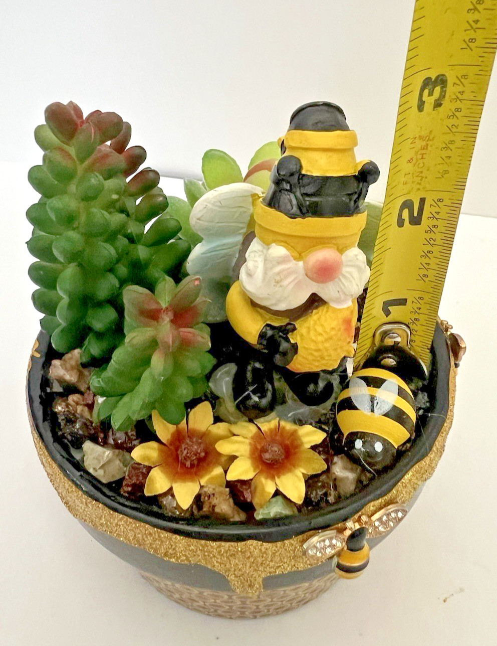Handmade Gnome Planter Pot Fake Cactus Bumble Bee Theme Artificial Succulent