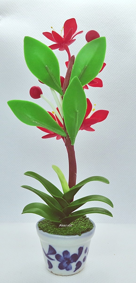 5.5″H Clay Handcrafted Miniature Red Ixora Flower Arranged in pot | Us Stock