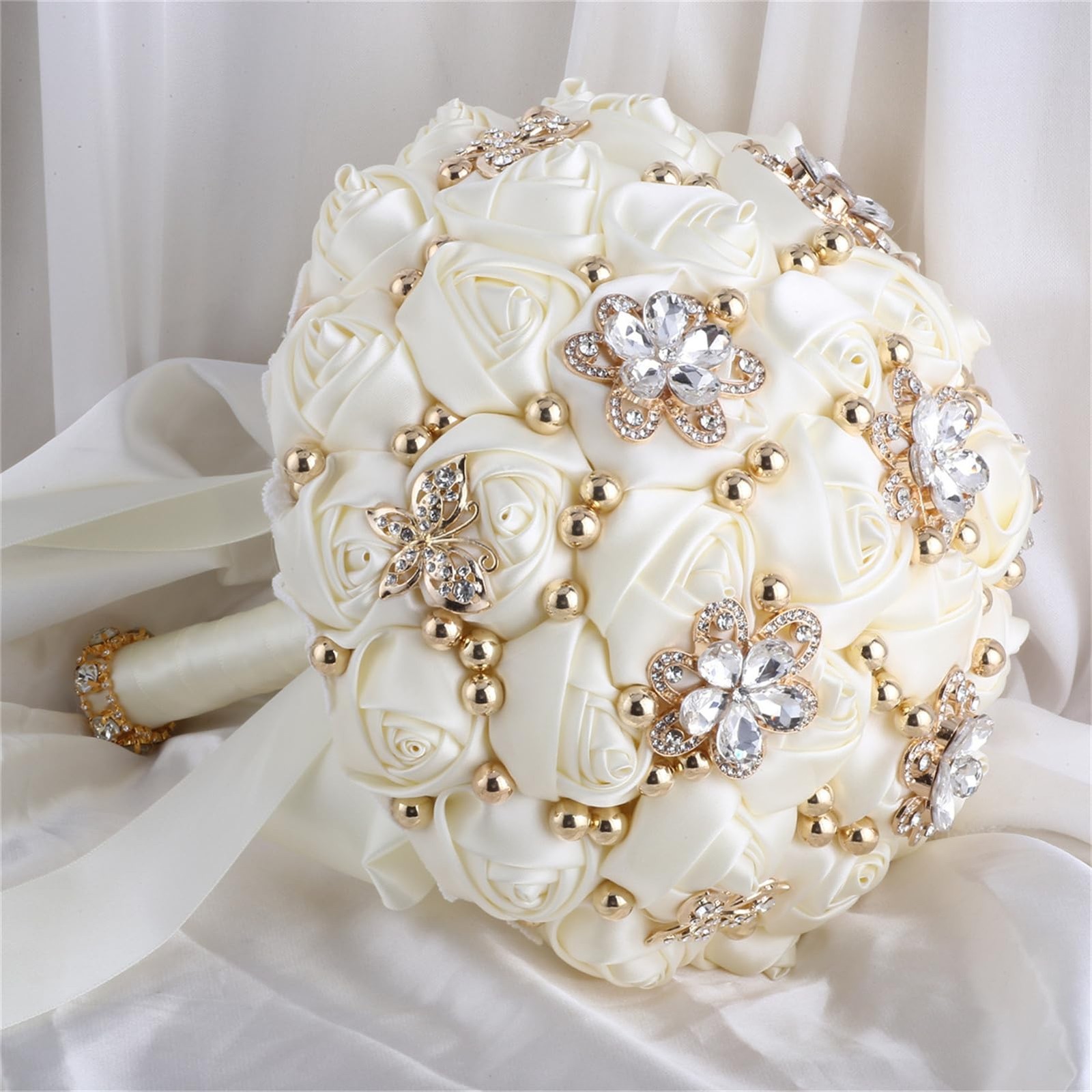 Bridal Wedding Bouquet Throw Toss Artificial Rose Bling Brooch 66#Ivory 6.3 In