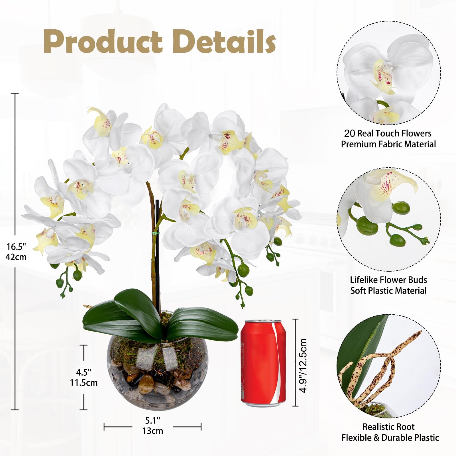White Orchids Artificial Flowers 16.5″ Faux Orchids Plant in Pot Fake Flower …
