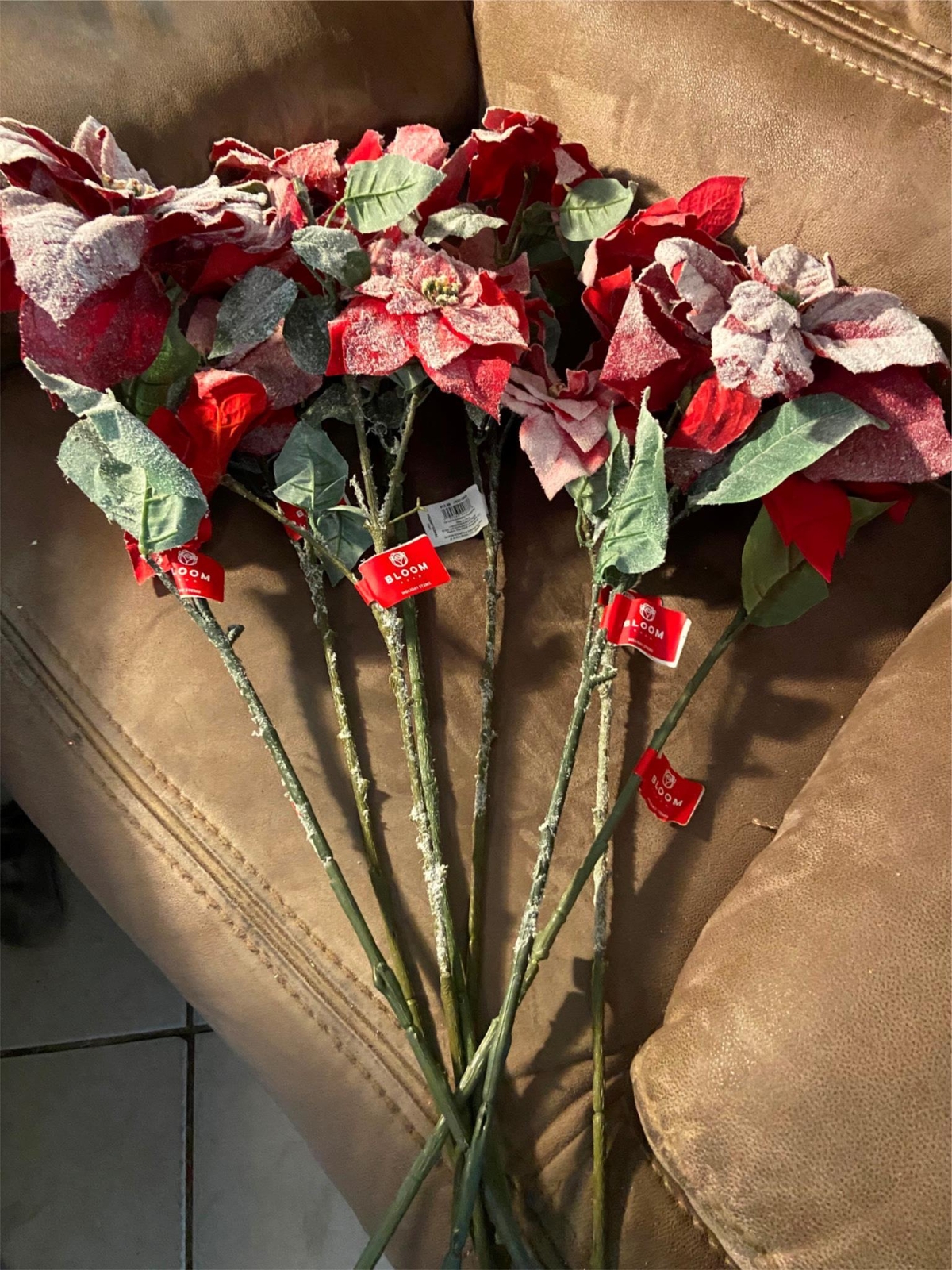 Lot of 8 Artificial Flowers Christmas Holiday Snow Covered Poinsettia Bloom Room