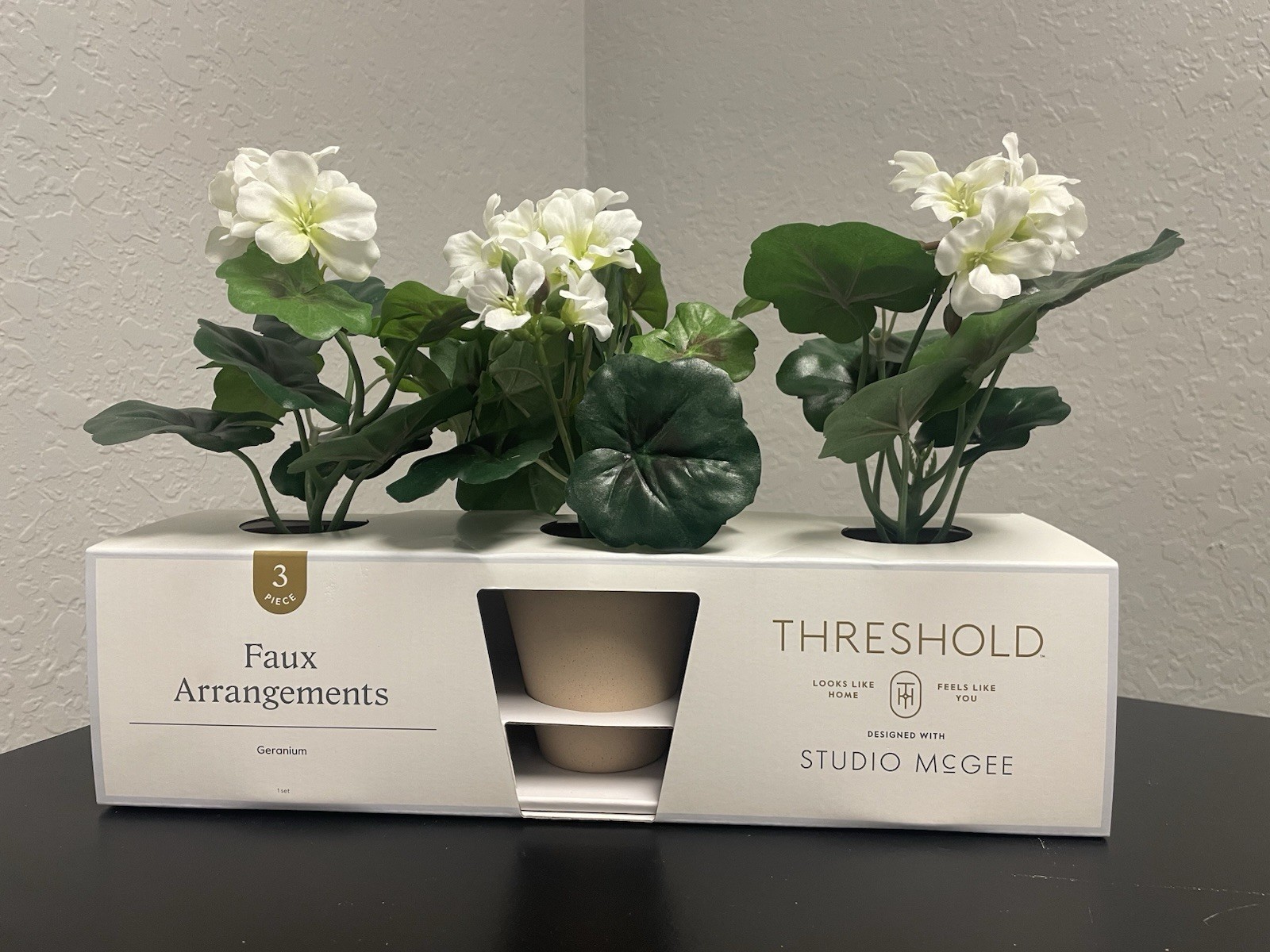 Fake plants, set of three geranium arrangement, green and white floral decor