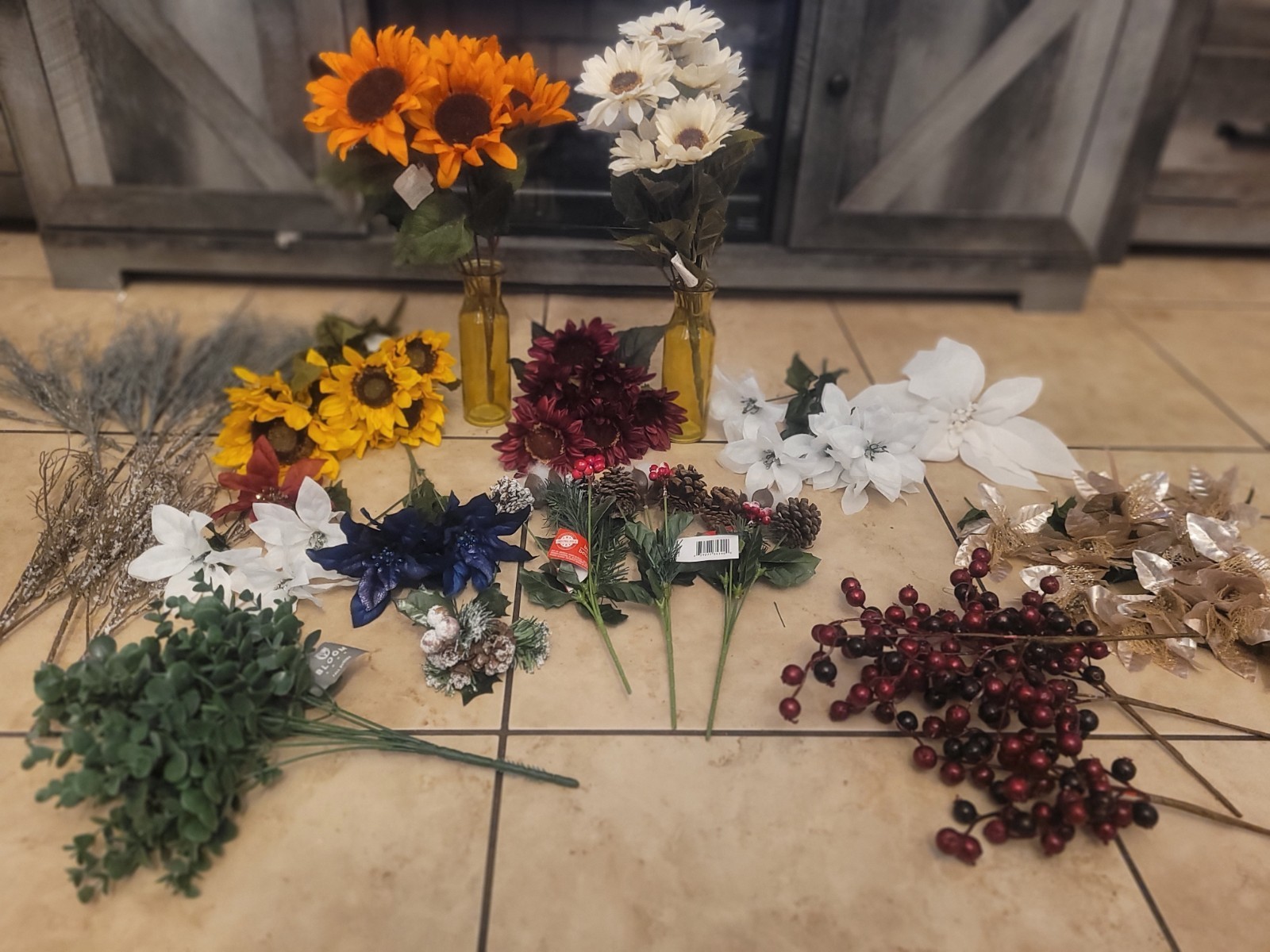 New Artificial Flower Stem Lot Sunflowers Poinsettias Berries Craft Supplies