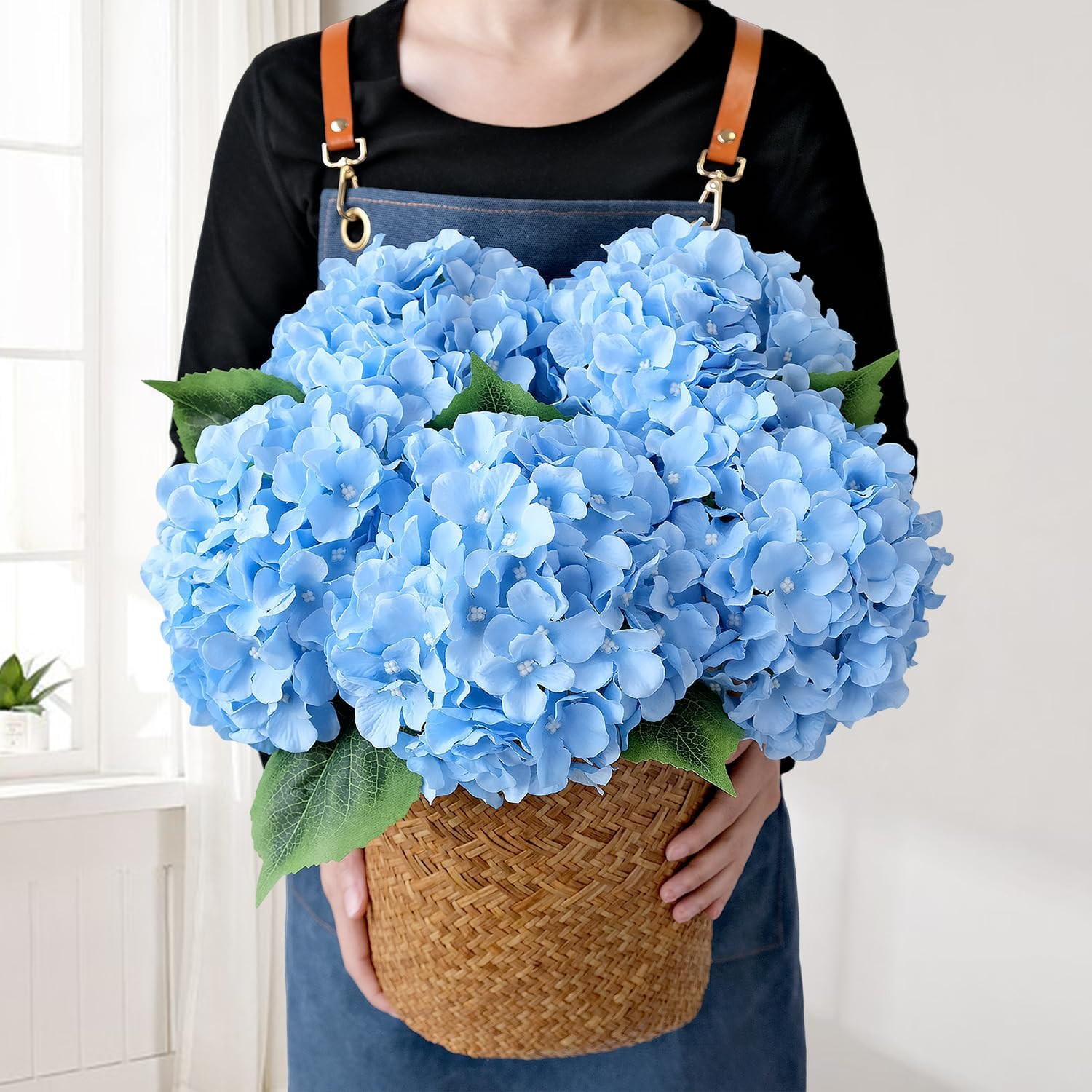 Blue Flowers Hydrangea Artificial Flowers, 5Pcs 20Inch Large Lifelike Silk Artif