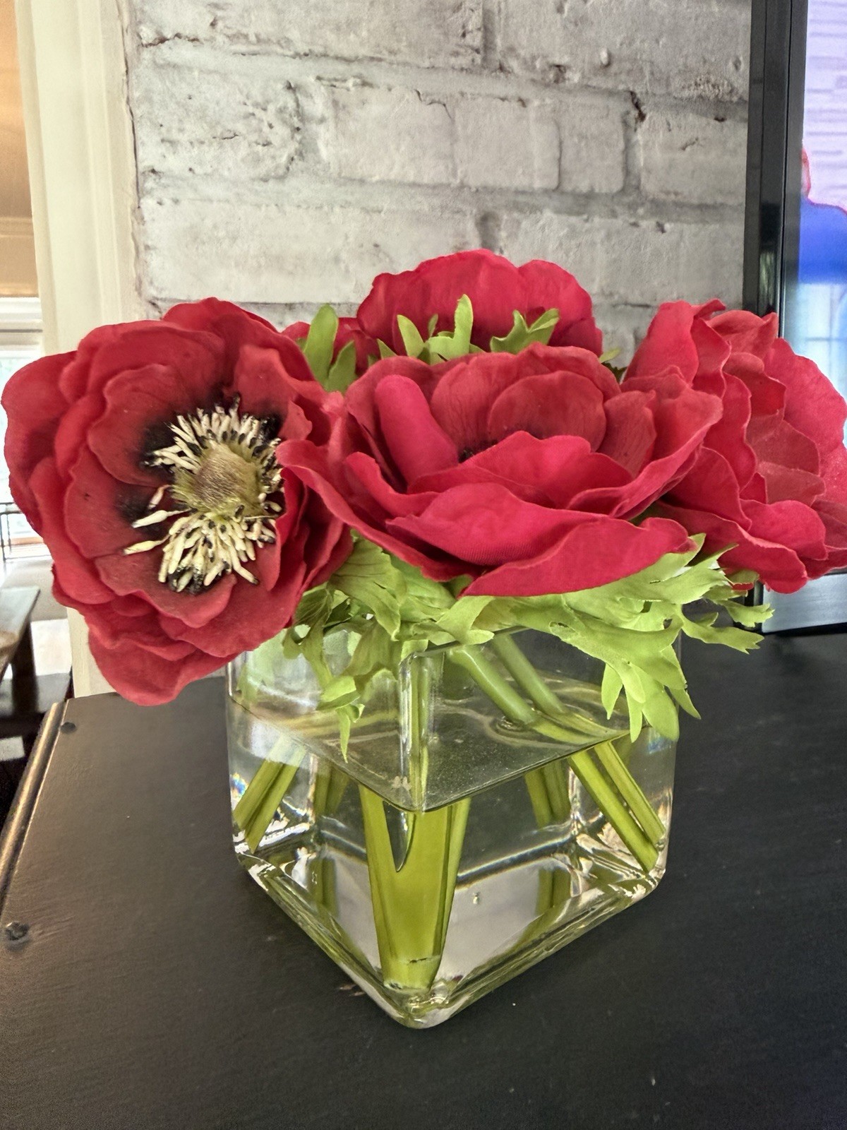 Artificial Red Poppy Floral Arrangement, Clear Glass Cube Vase, Plastic