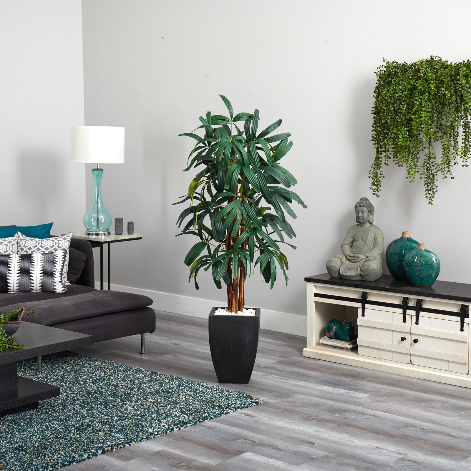 Nearly Natural 66″ Raphis Palm Artificial Tree in Black Planter in Green/Black