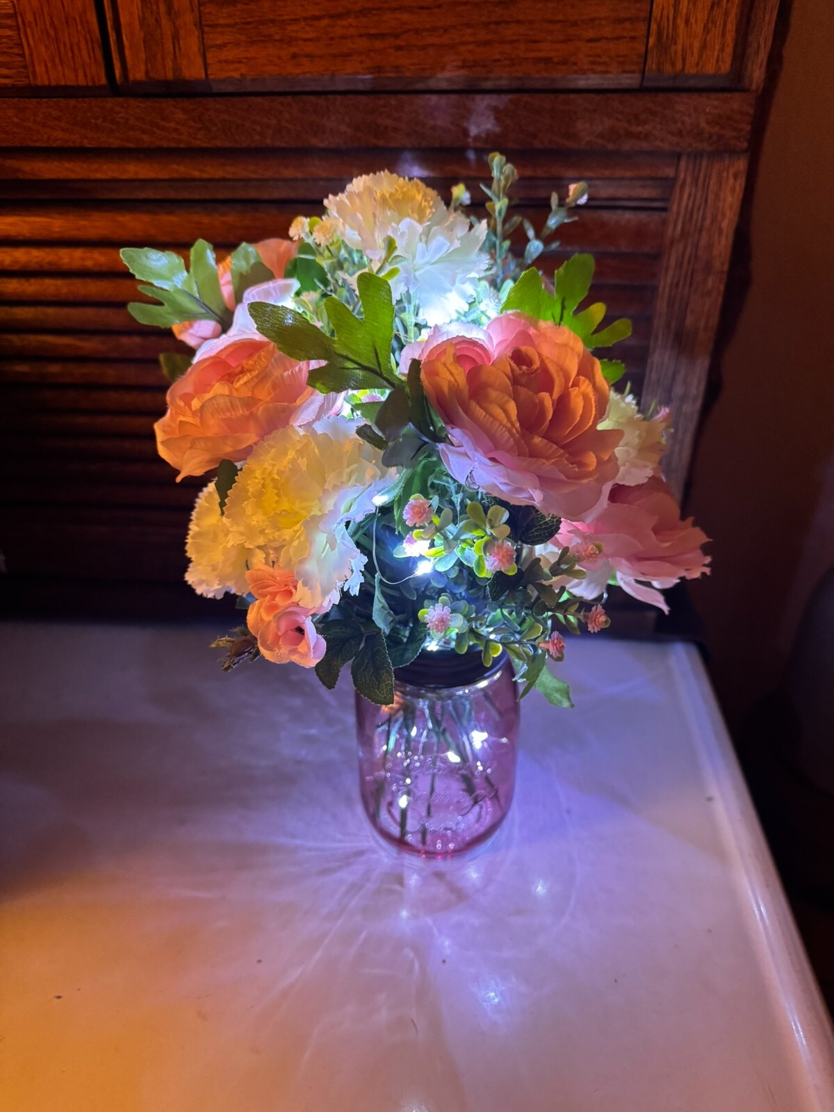 Pink Rose Carnation LED Lighted Flowers Country Farmhouse Mason Jar Mother’s Day