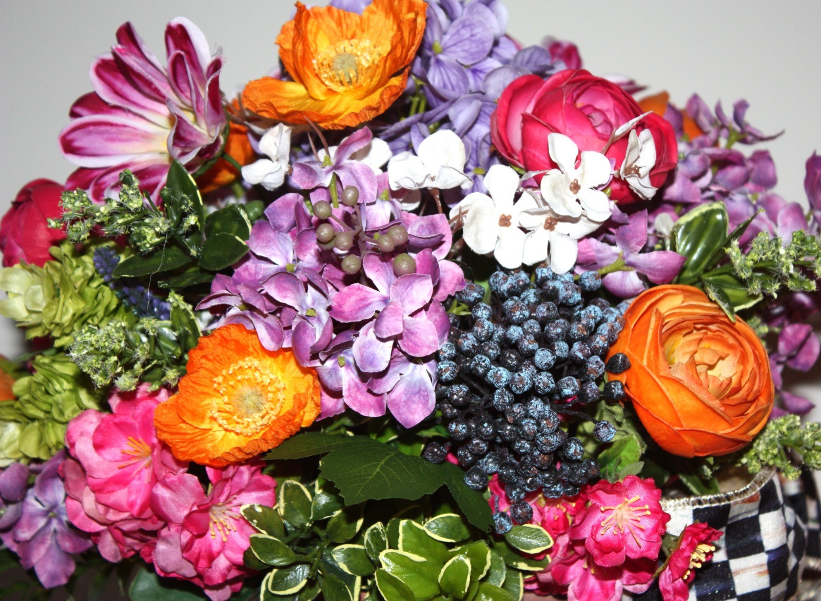 Faux Floral Arrangement In Mossed Terracotta Planter With Mackenzie Childs Bow!