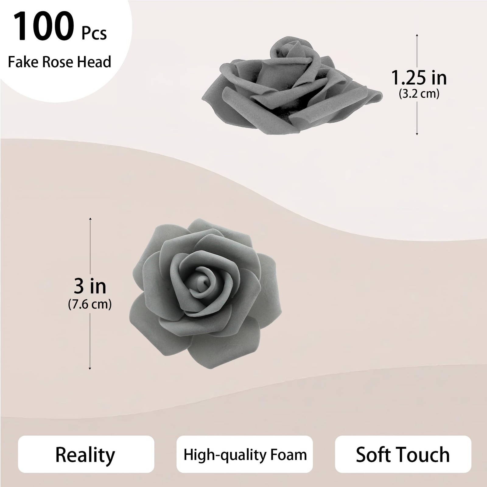 100 PCS 3 Inch Artificial Flowers Faux Foam Fake Rose Head Wedding Silver