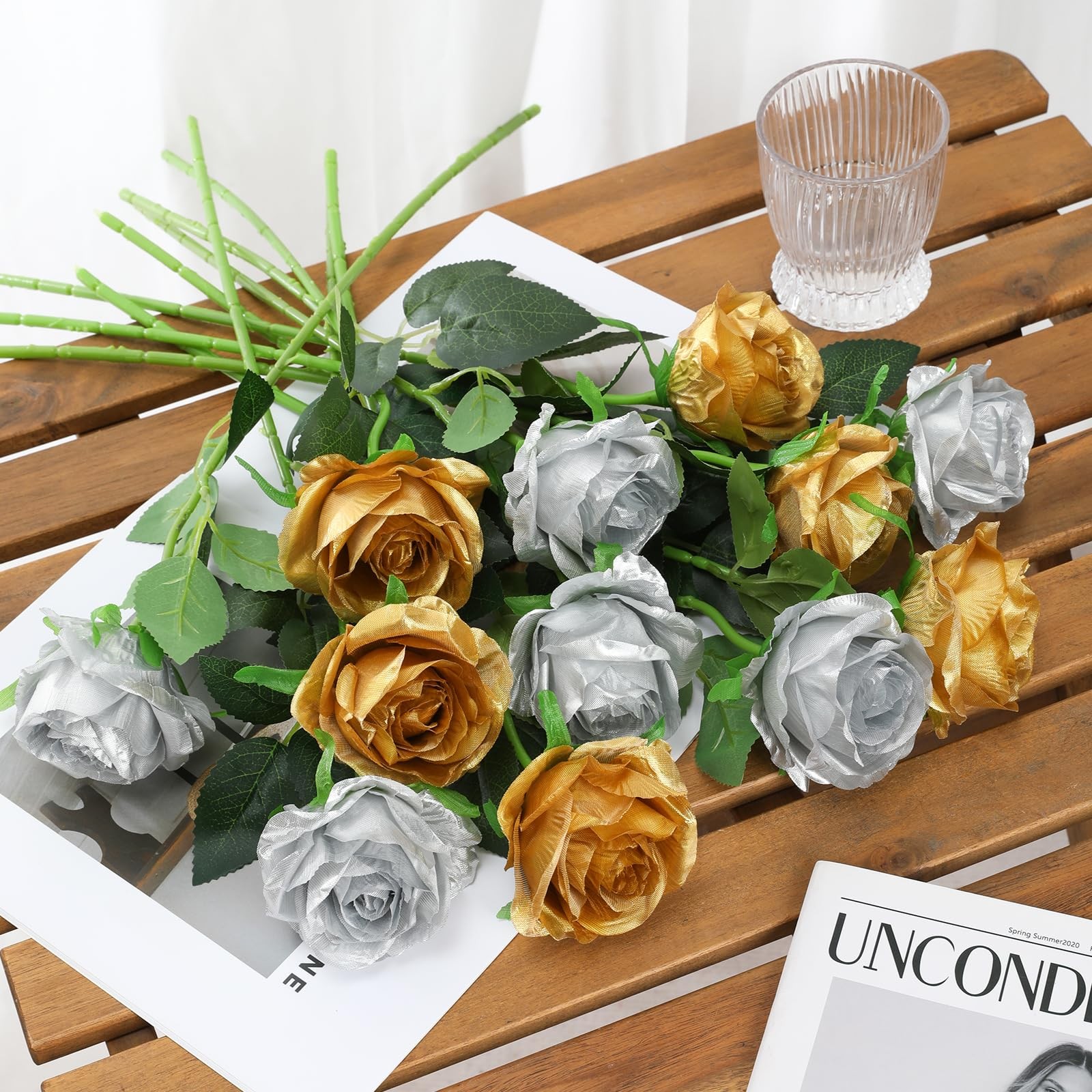 Roses Artificial Flowers – 12 pcs Realistic Long Stems Fake Roses Mashup Styl…