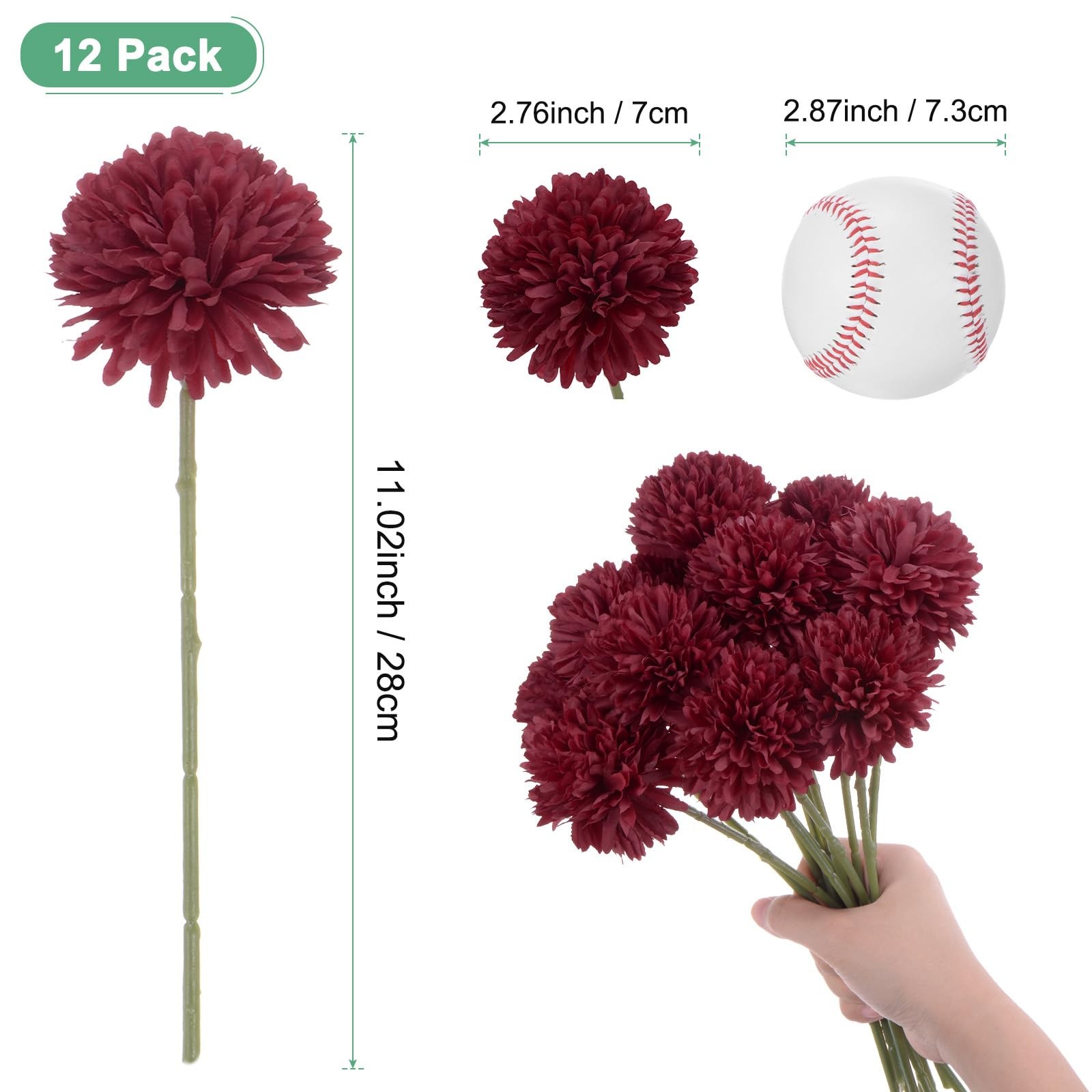 Artificial Chrysanthemum Ball Flowers 11 Inch Silk Real Touch Wine Red 12 PCS