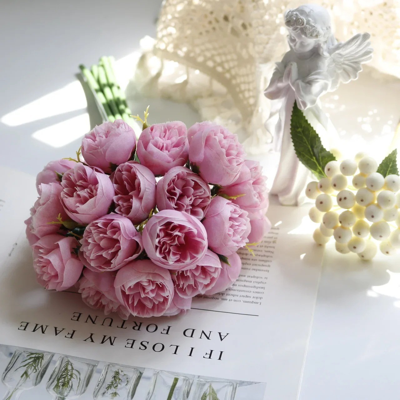 Rose Pink Peony Artificial Flowers Silk Bouquet 27heads Roses Fake Flower