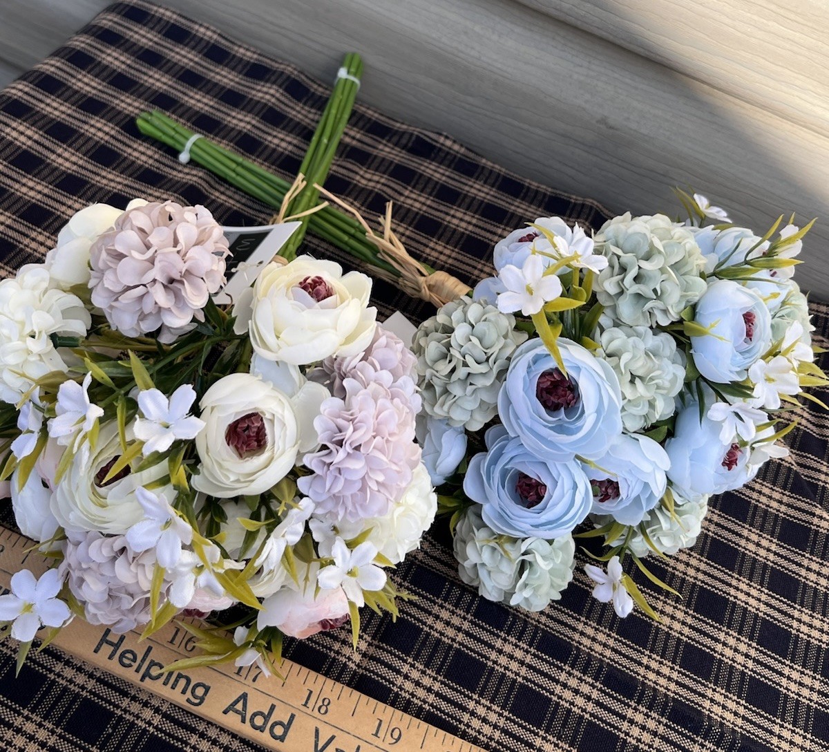 Lot of 2 Faux Floral Bouquet Bundles Blue Pink Peony Ranunculus Cottagecore