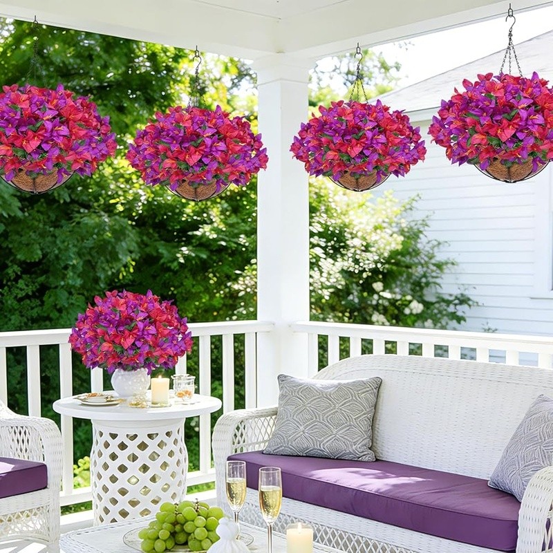 Artificial Hanging Bougainvillea Plant Basket Lifelike Indoor Outdoor Decor New