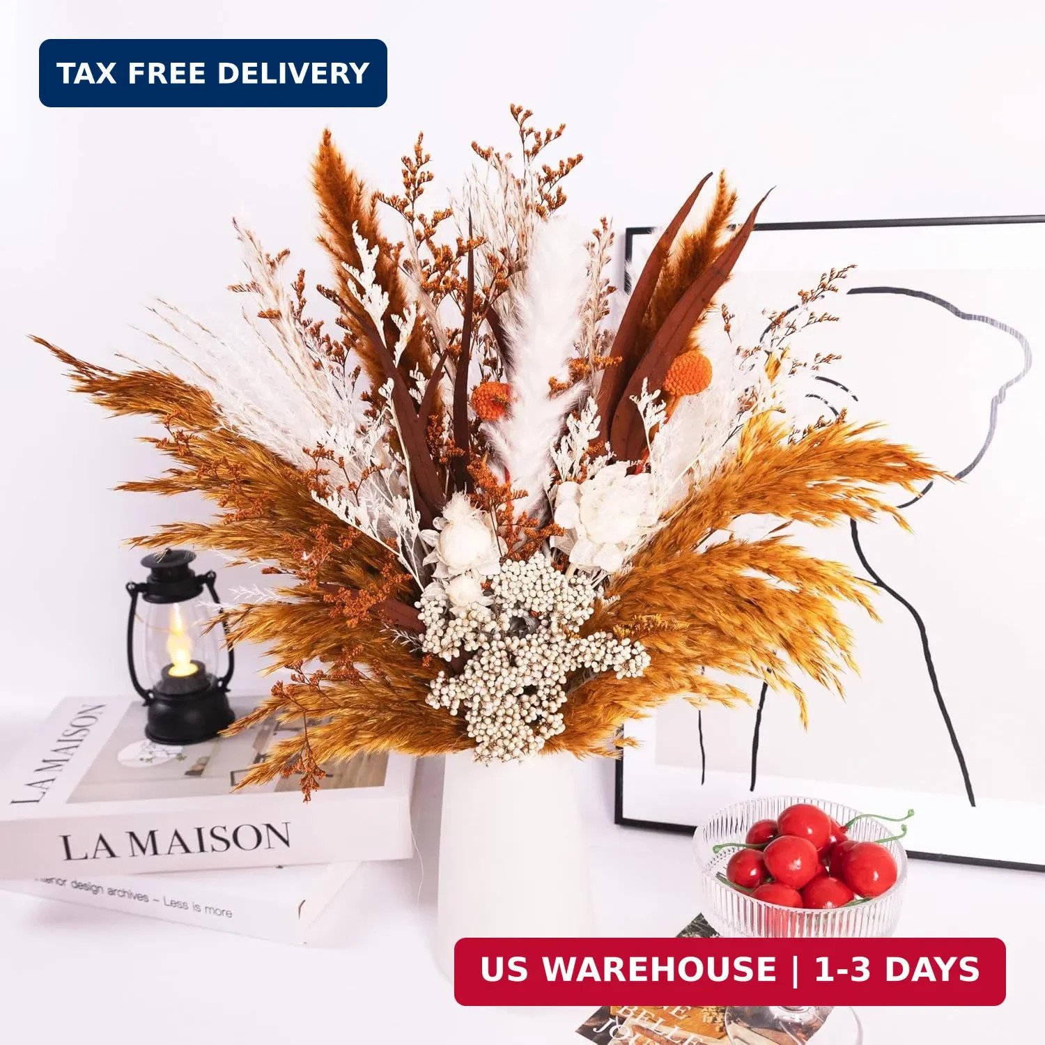 17″ Boho Dried Flower Bouquet – Natural Pampas Grass & Real Flowers for Spring H