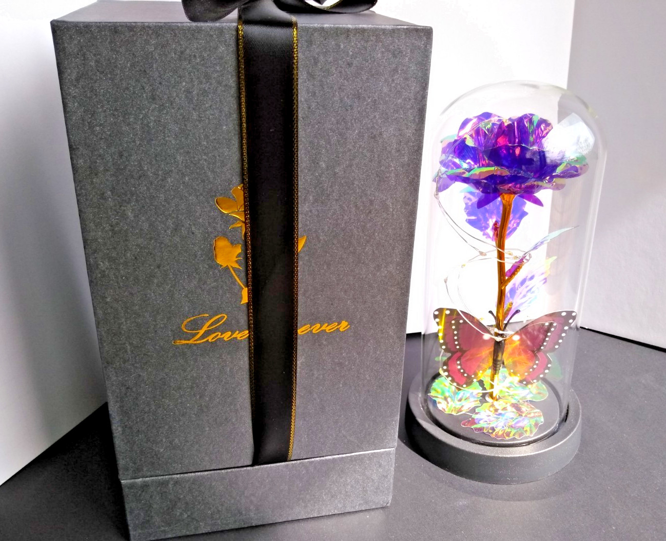 Purple Rose Gift for Women Enchanted Crystal Flower with Butterfly in Glass Dome