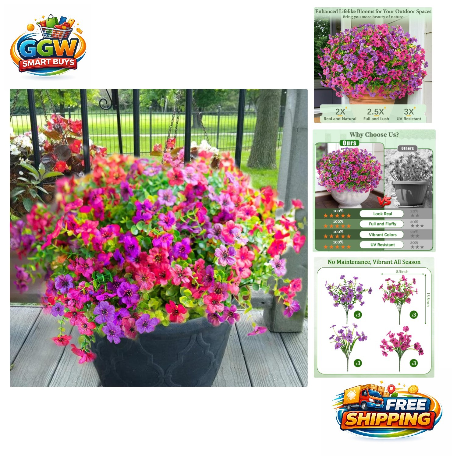 12-Pack Fuchsia & Rose Red UV Resistant Artificial Flowers for -Round Beauty