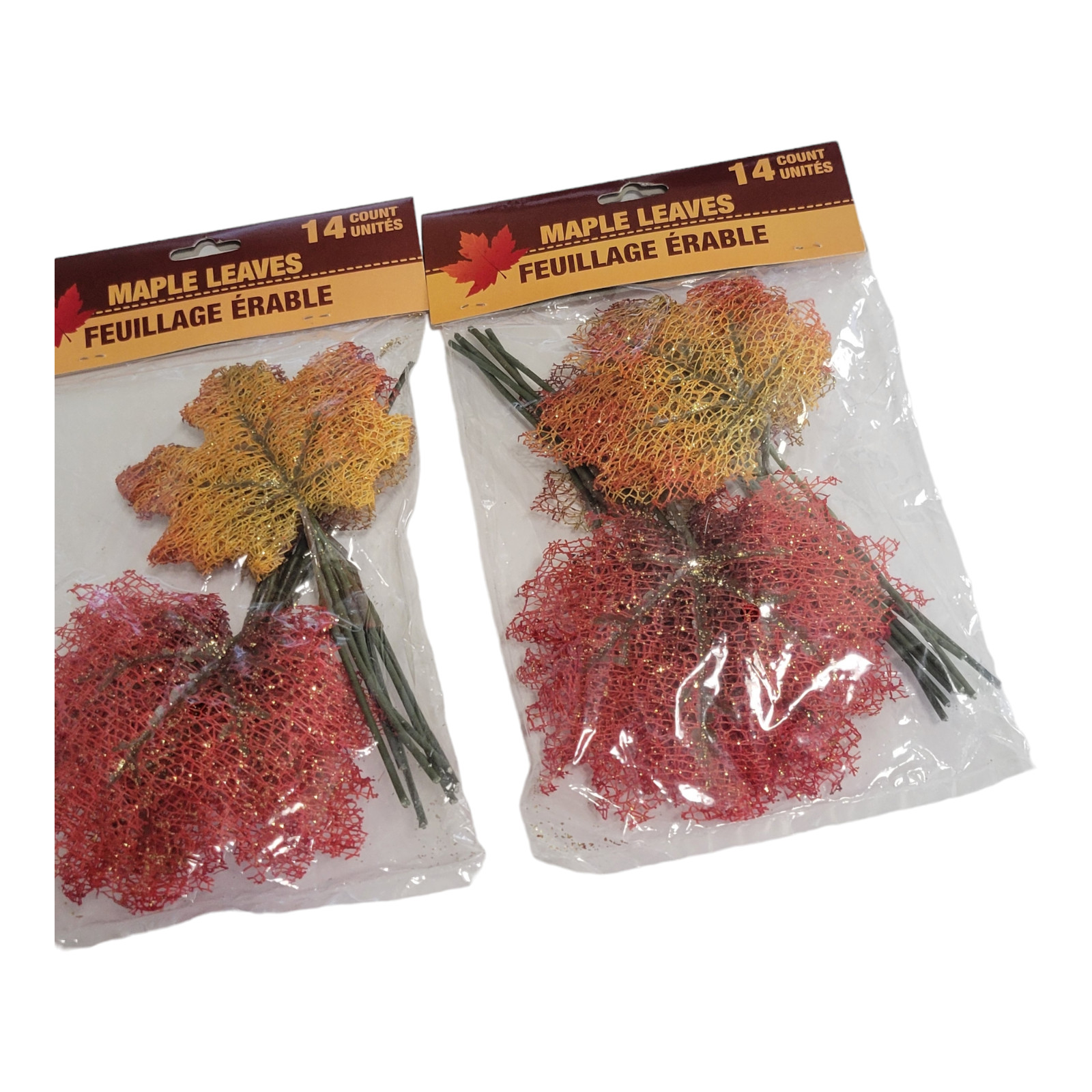 Lot of 2 Autumn Mesh Maple Leaves Wire Stems Glitter Golds Yellows 14 Each Bag