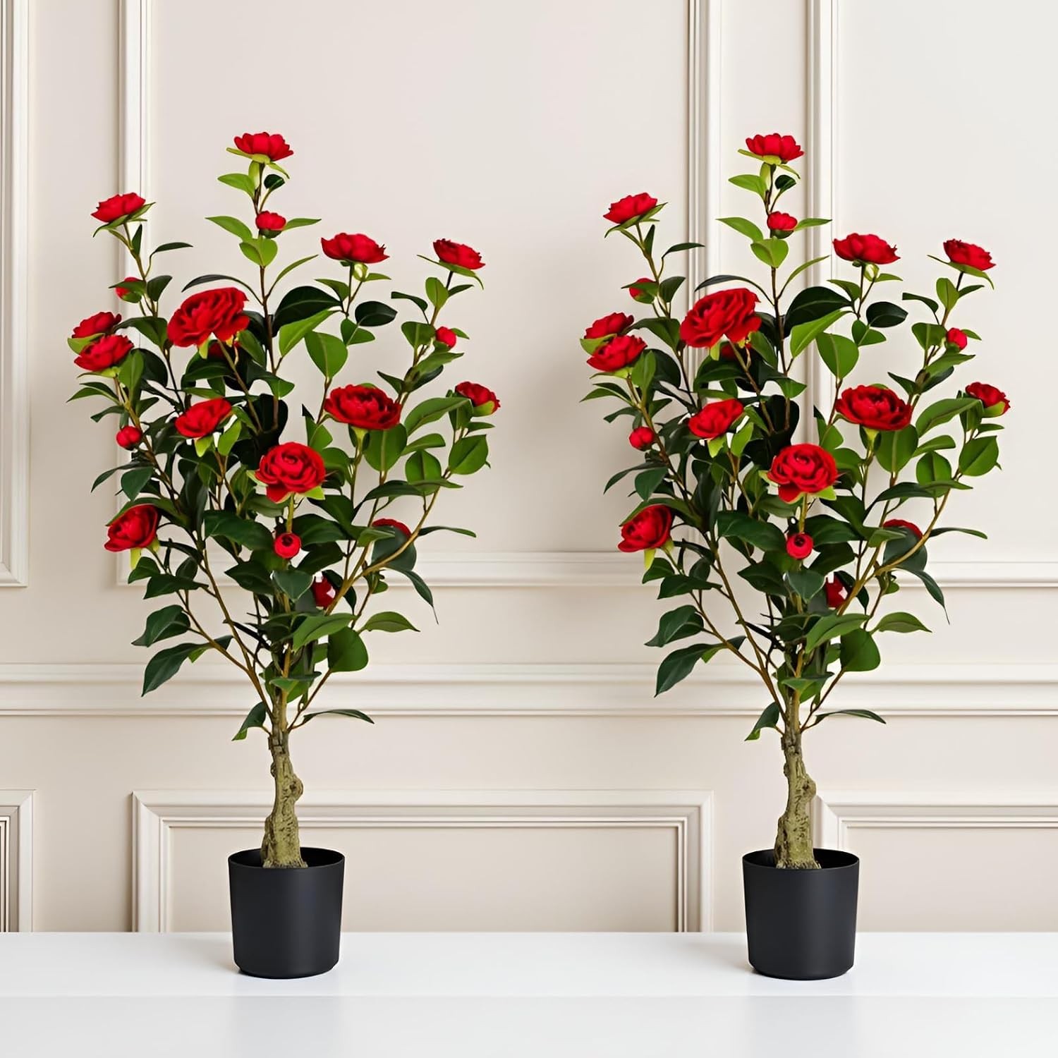 Artificial Camellia Tree 2 Pack, 3FT Faux Camellia Plant in Pot, 36 inch Fake
