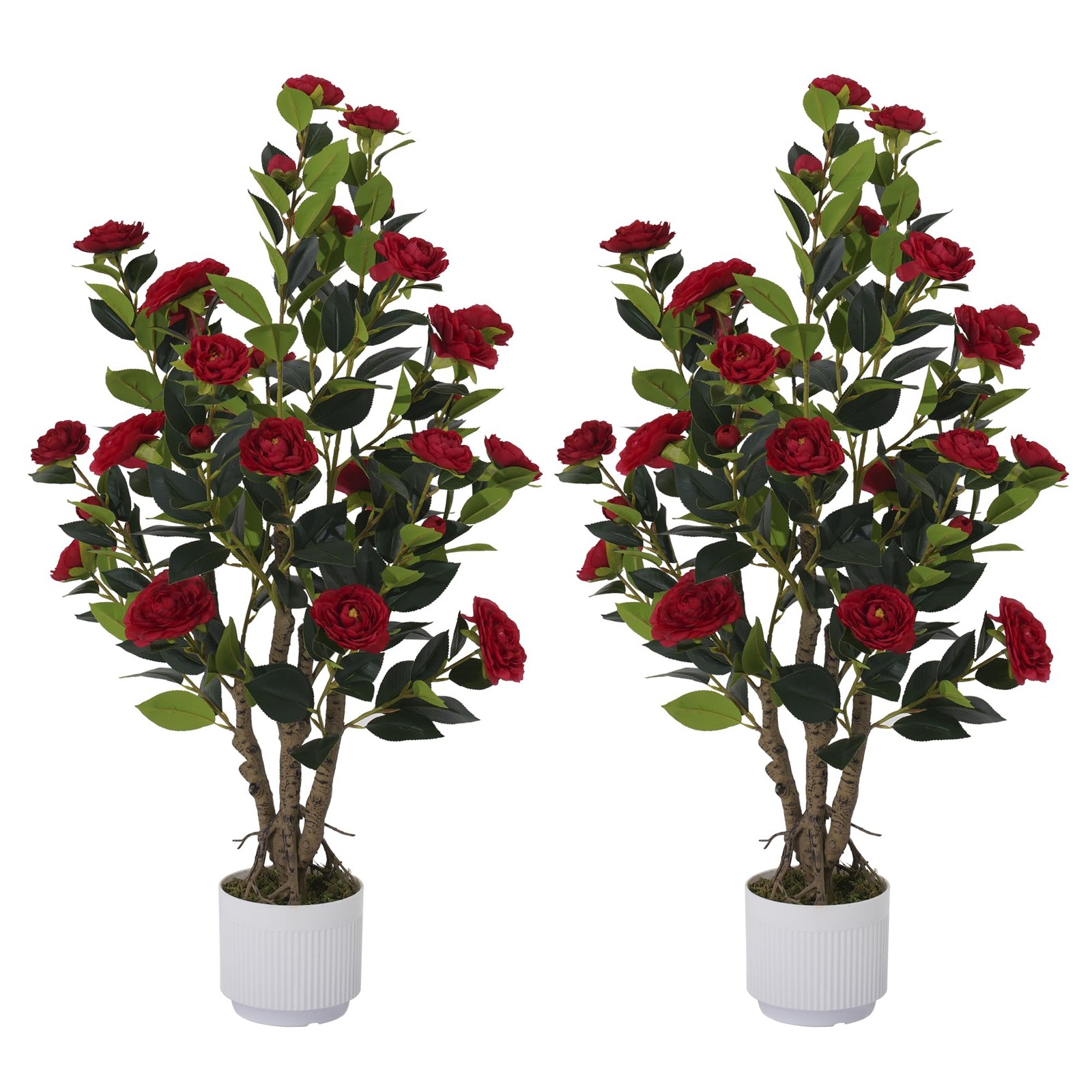 2 Pack Artificial Camellia Tree with White Pot, 38″ Faux Potted Plants for In…