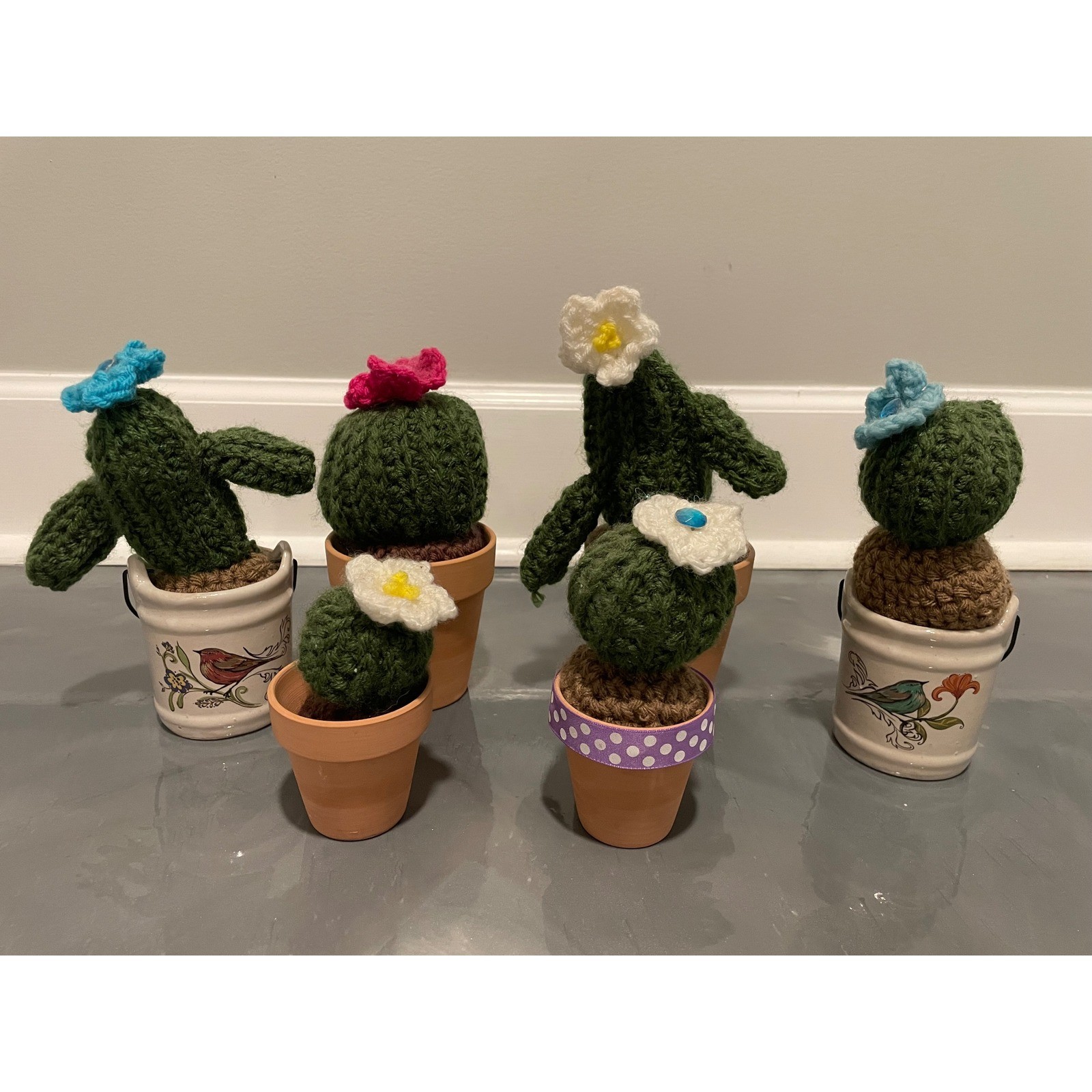 Handmade Crochet Cactus Succulent Set of 6 Potted Yarn Plants Decor Multi Color