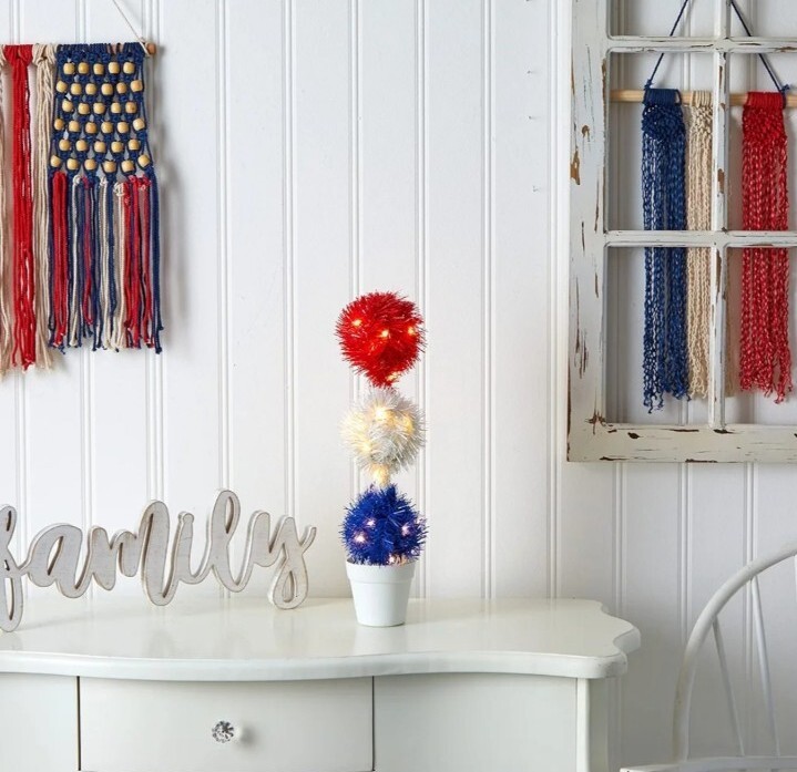 2′ Red White And Blue Americana Topiary Plant Decor With 35 Warm White Lights