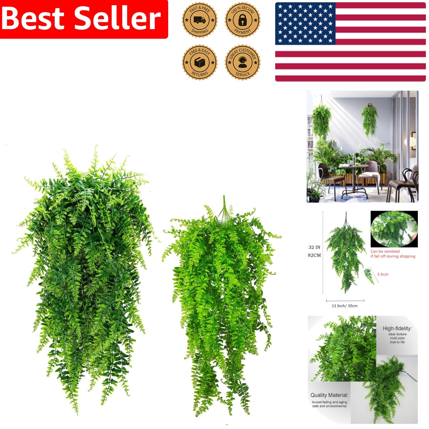 Fake Ivy Fern Vibrant Hanging UV Protected Garden Wall Patio Decor Wedding 2 Pcs