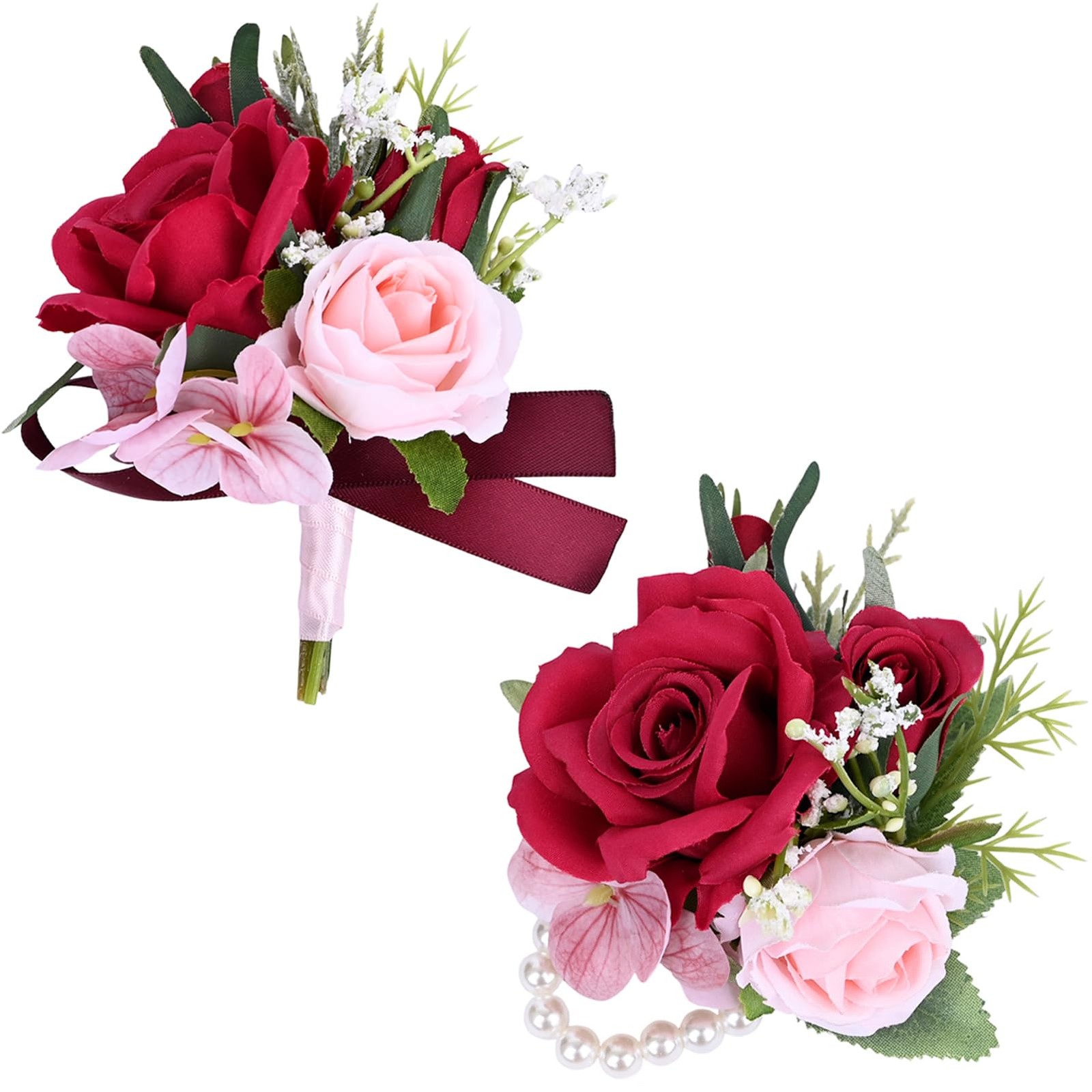 2 PCS Boutonniere Wrist Corsage Set Artificial Rose Men Women Red Pink Decor