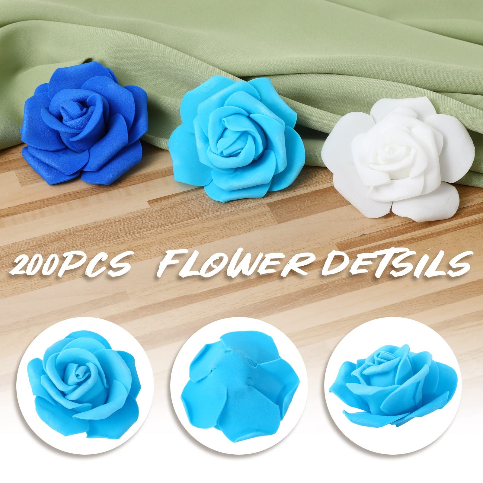 200 PCS 2.76 Inch White Blue Artificial Foam Rose Flower Heads Bulk Centerpiece