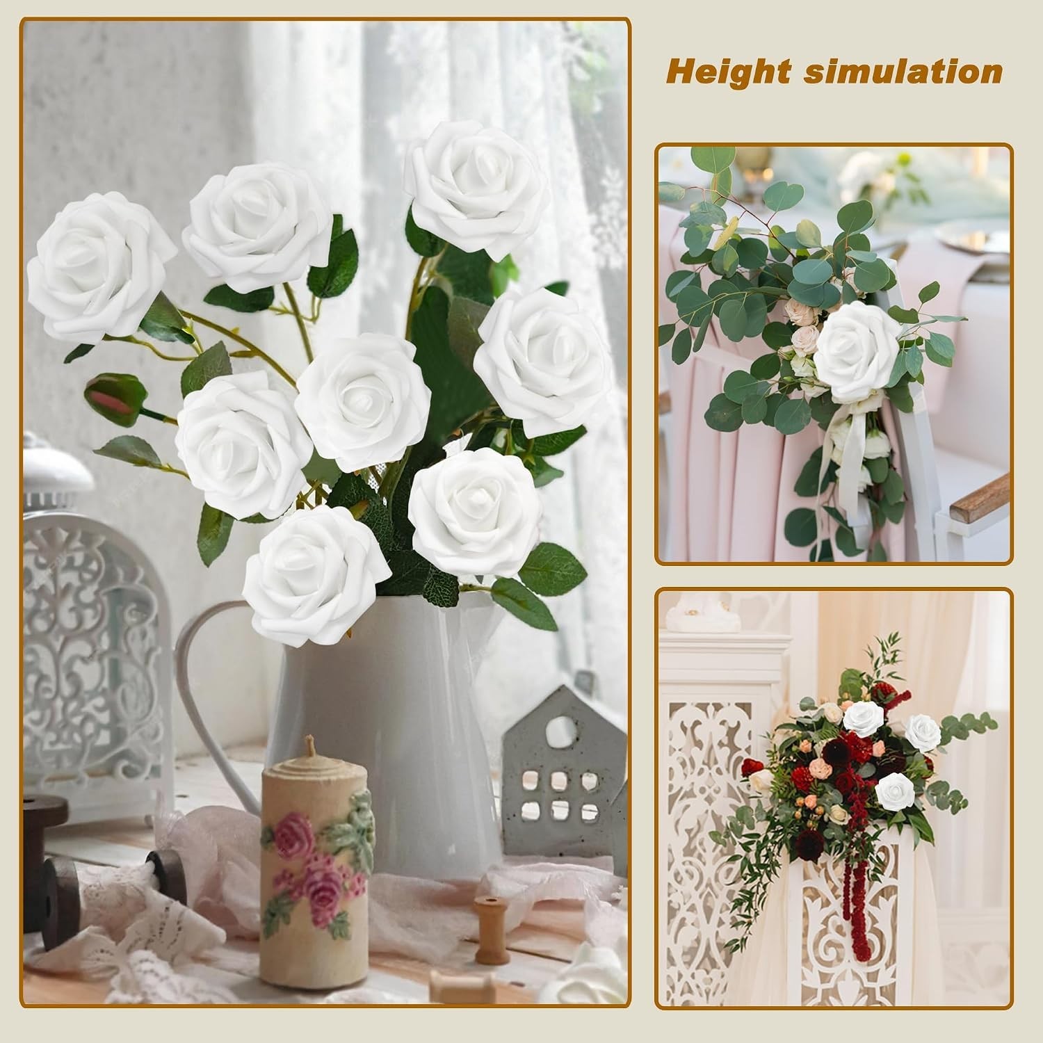 Realistic White Artificial Roses – 100pcs DIY Wedding Decor