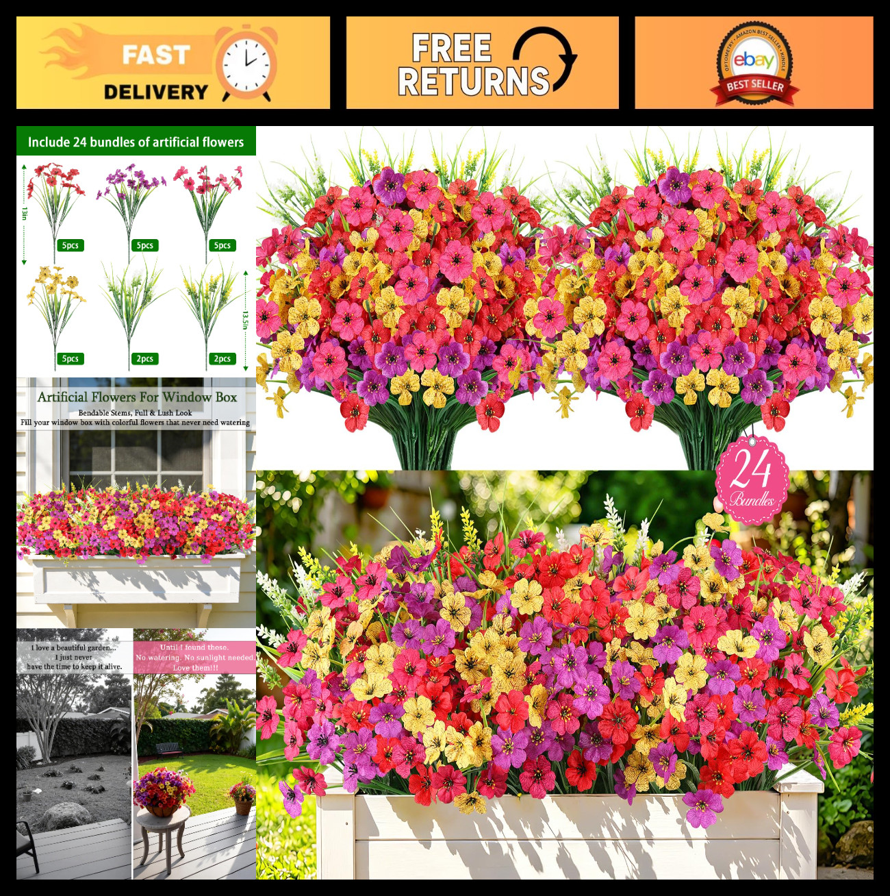 24 Bundles Realistic Faux Silk Lavender Flowers – No Fade Outdoor Decor for Gard