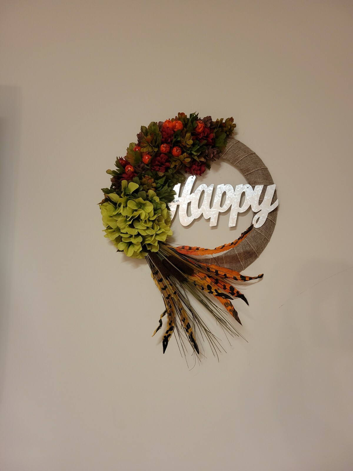 HAPPY Hydrangeas Cat tail burlap WREATH FALL Feather Decor Front Door 15″ fire