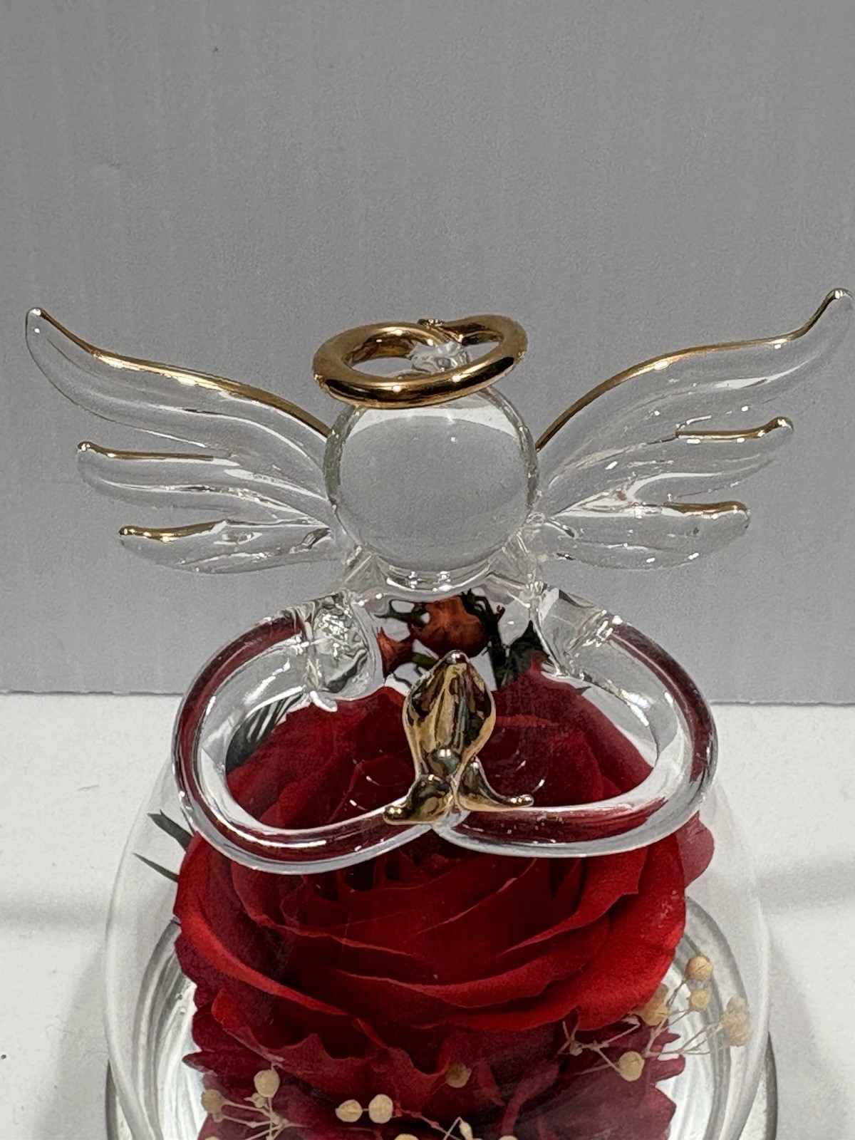 Glass Angel Flower Gifts Preserved Flower Red Rose in Figurines 3” Approx
