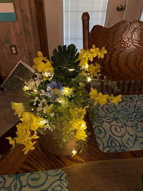 Hand made bee hive flower, with bees that light up, battery is included.