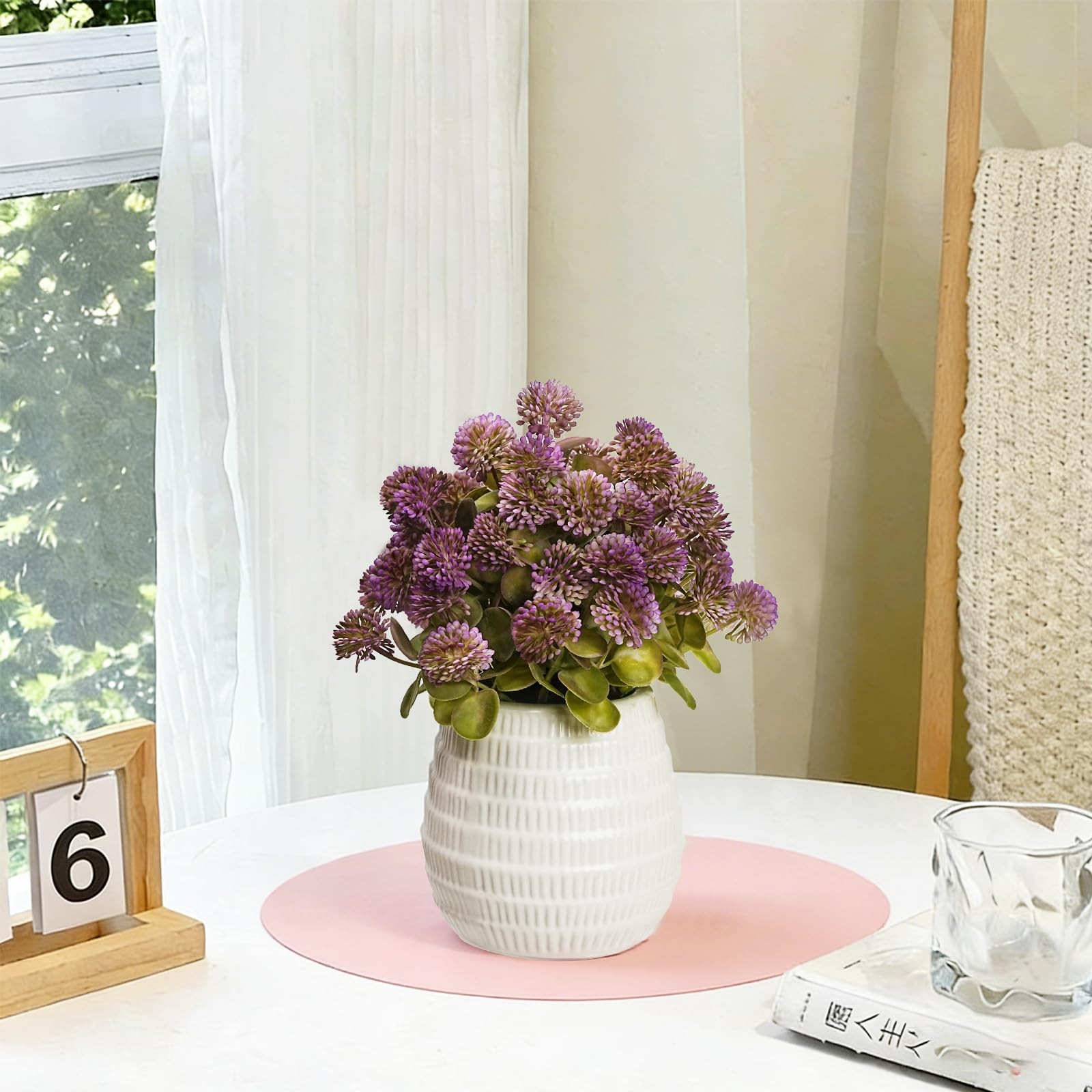 Mauve Artificial Flower Balls in White Ceramic Vase – 11″ Fake mums Arrangeme…