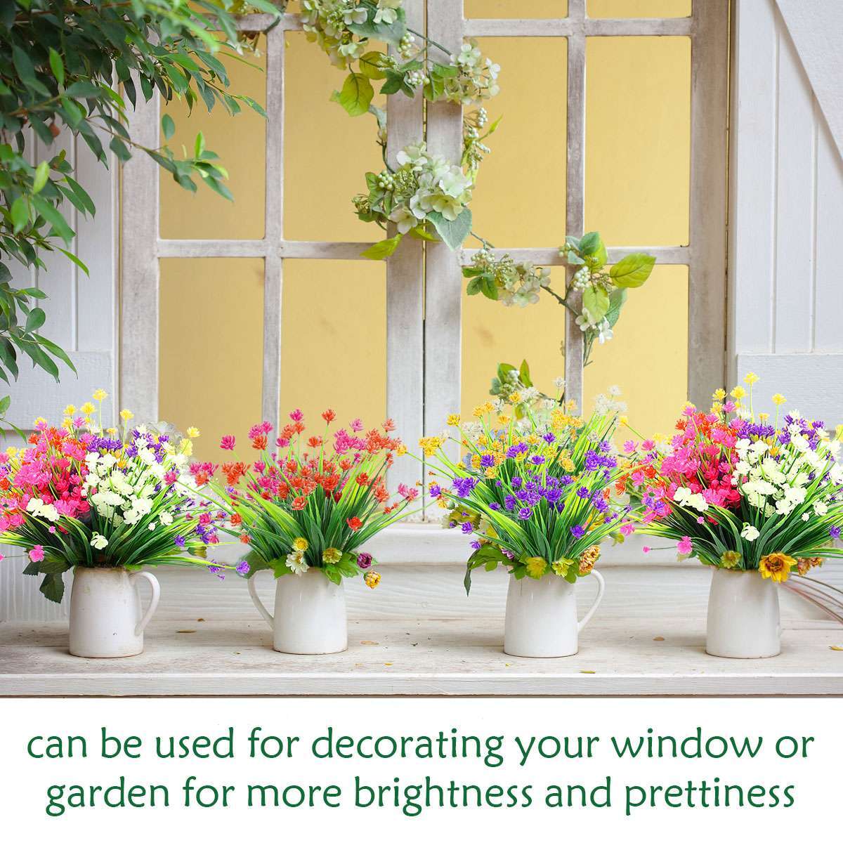2 Bundles Artificial Fake Plastic Flowers for Outdoor Decoration UV Resistant