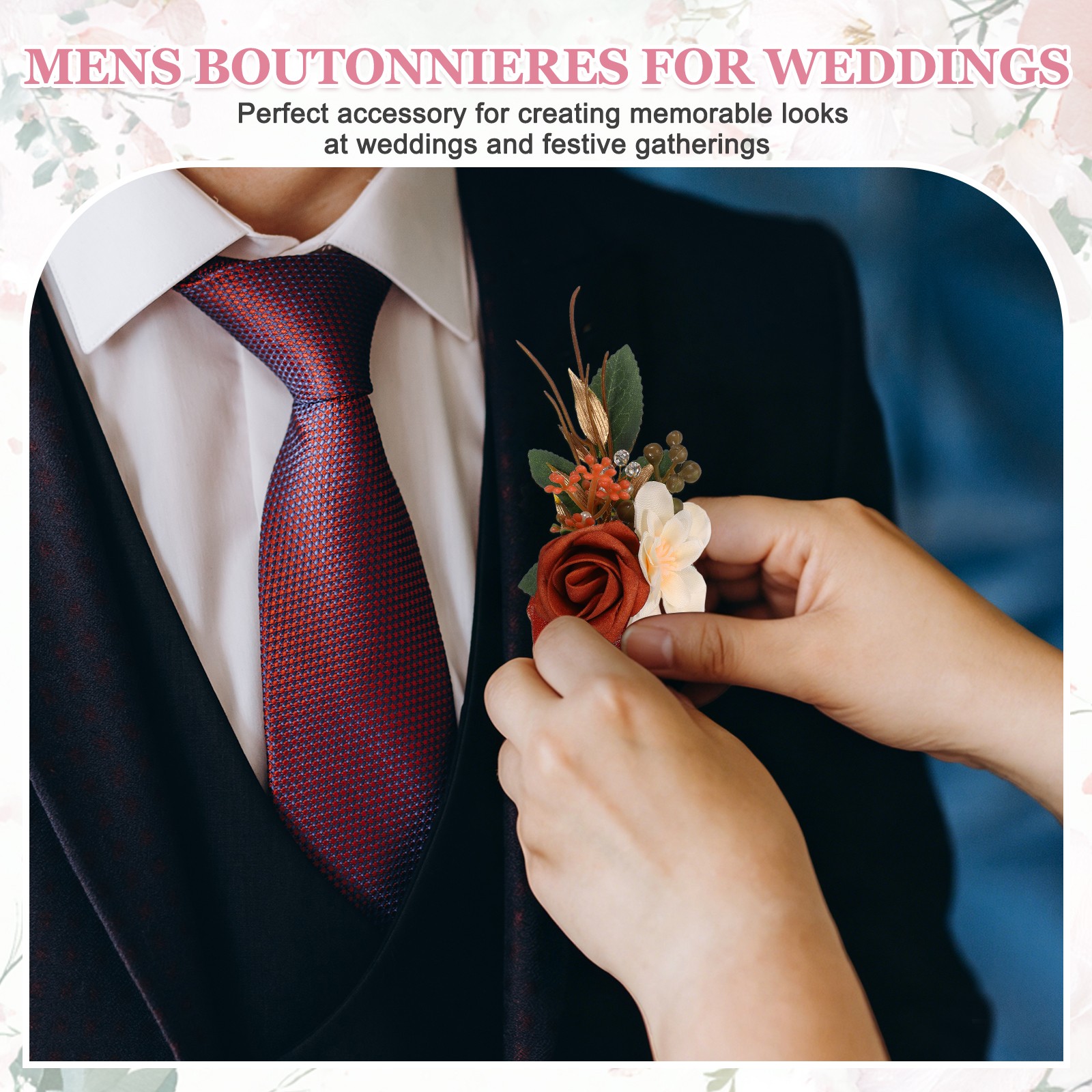 Mens Boutonnieres for Weddings, 6 Pcs Rose Boutonnieres, Purple Red/Light Purple