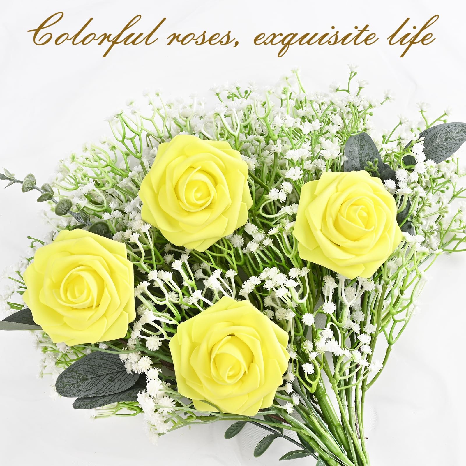16Pcs Artificial Flowers Fake Roses with Stems, Yellow Boxed Foam Roses for D…