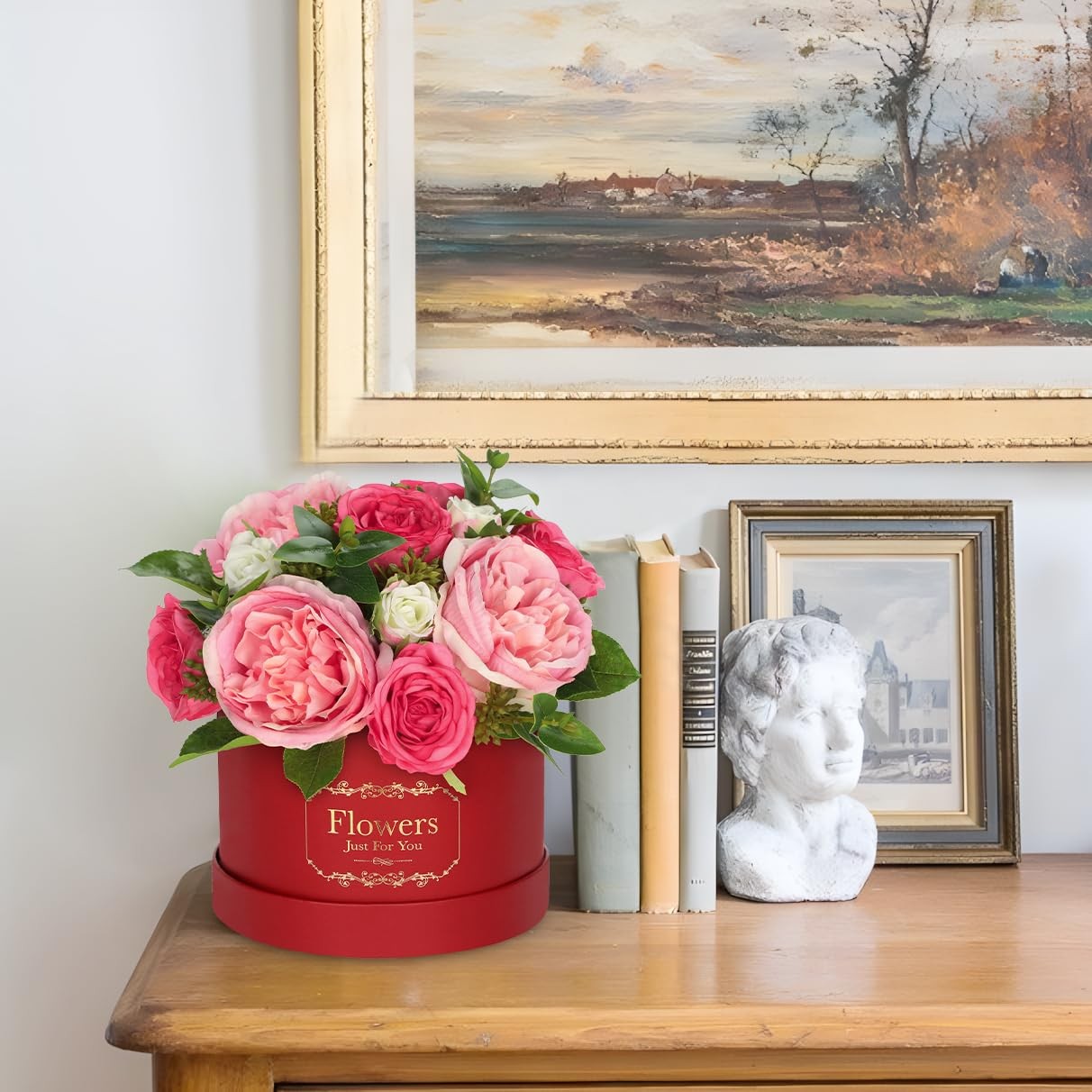 Red Pink Artificial Peonies Roses in Vase Round Gift Box Floral Arrangement
