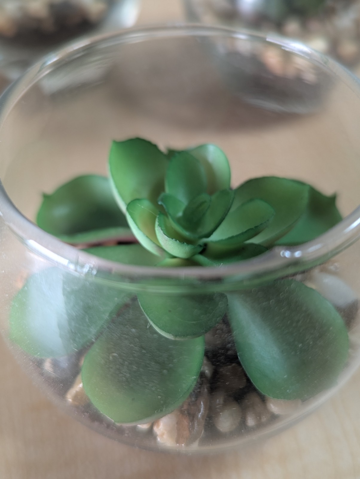 Set Of 4 Glass Bowls With Faux Succulents Pebbles Dirt 3″X3″