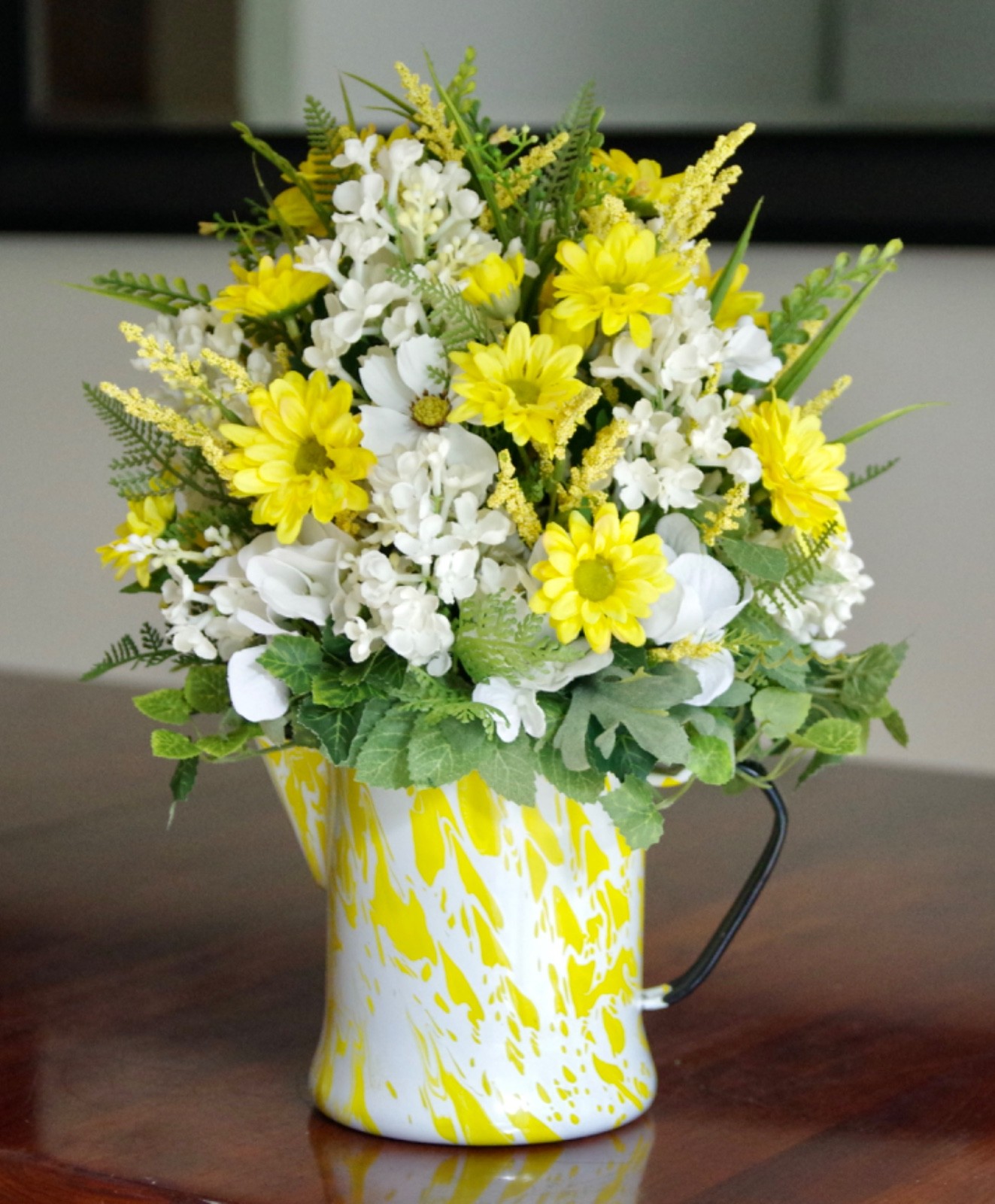 Vintage Enamel Yellow & White Coffee Pot Silk Yellow Daisies & Blue Delphinium