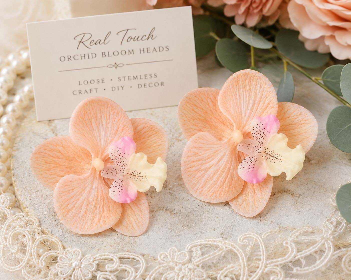 Peach Champagne Real Touch Orchid Heads Set of 2, 3.5 Inch Phalaenopsis Blooms f