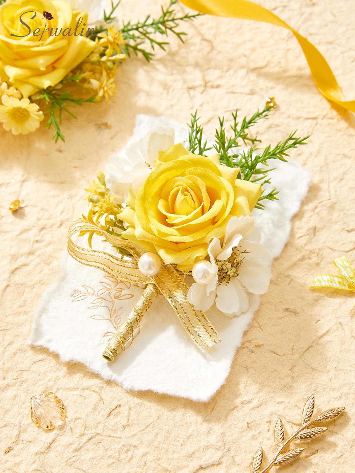 Yellow Rose Corsage and Boutonniere Set, Artificial Silk Rose Wrist Corsage W