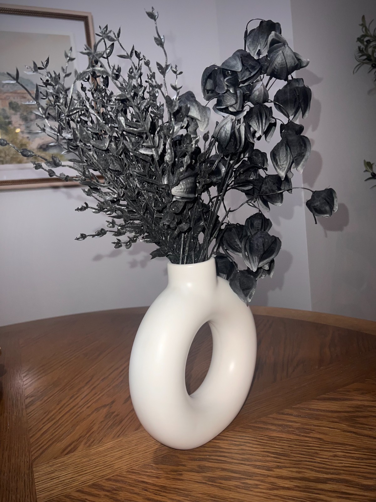 Modern White Donut Vase w/ Black Faux Floral Arrangement Minimalist Decor