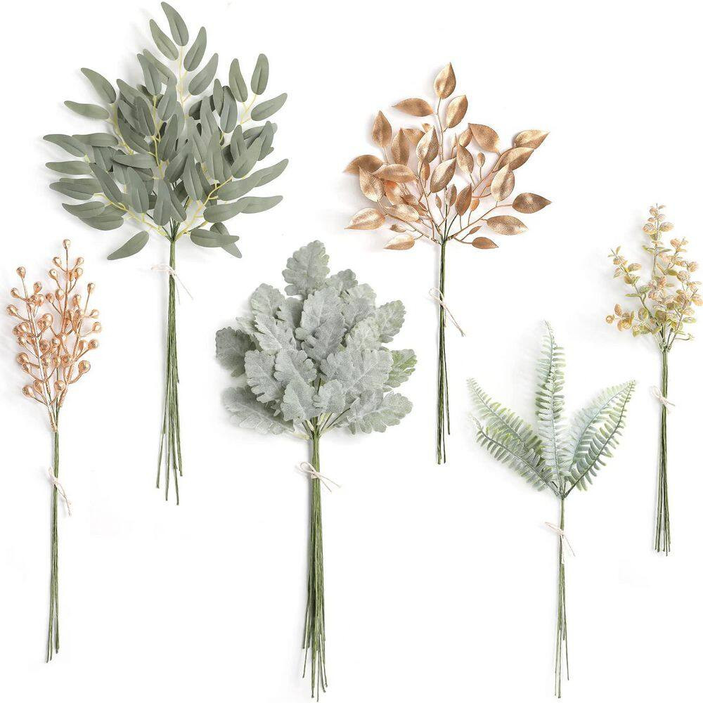3 In. 47-Pieces Artificial Dusty Green Pink Flocking Greenery Branch Stem Faux O