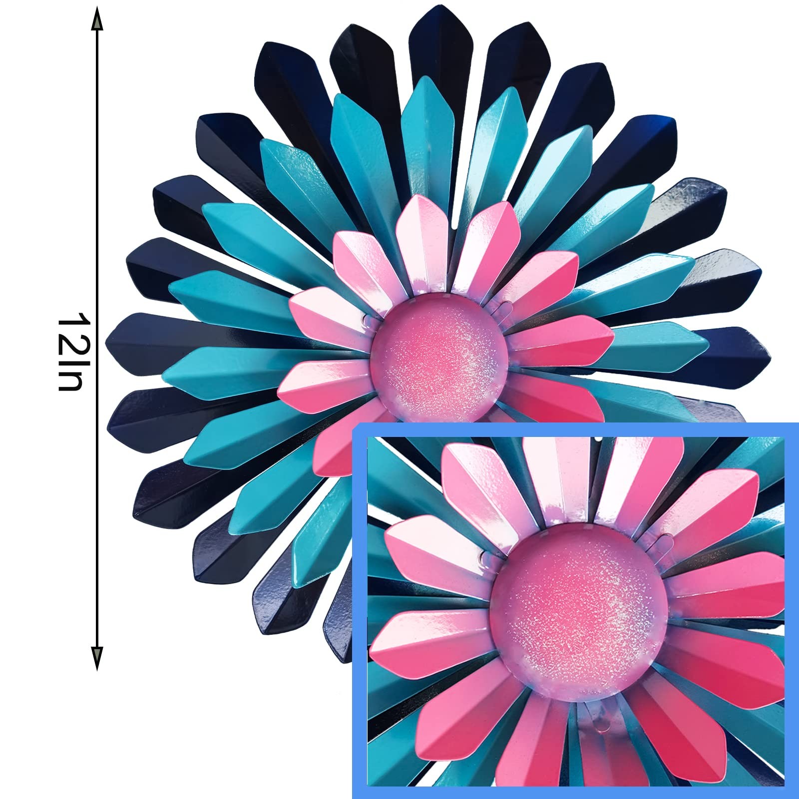 LITIALLY 12 Inches Metal Flower Wall Art Garden Decor 12″L x 12″W, Pink Blue