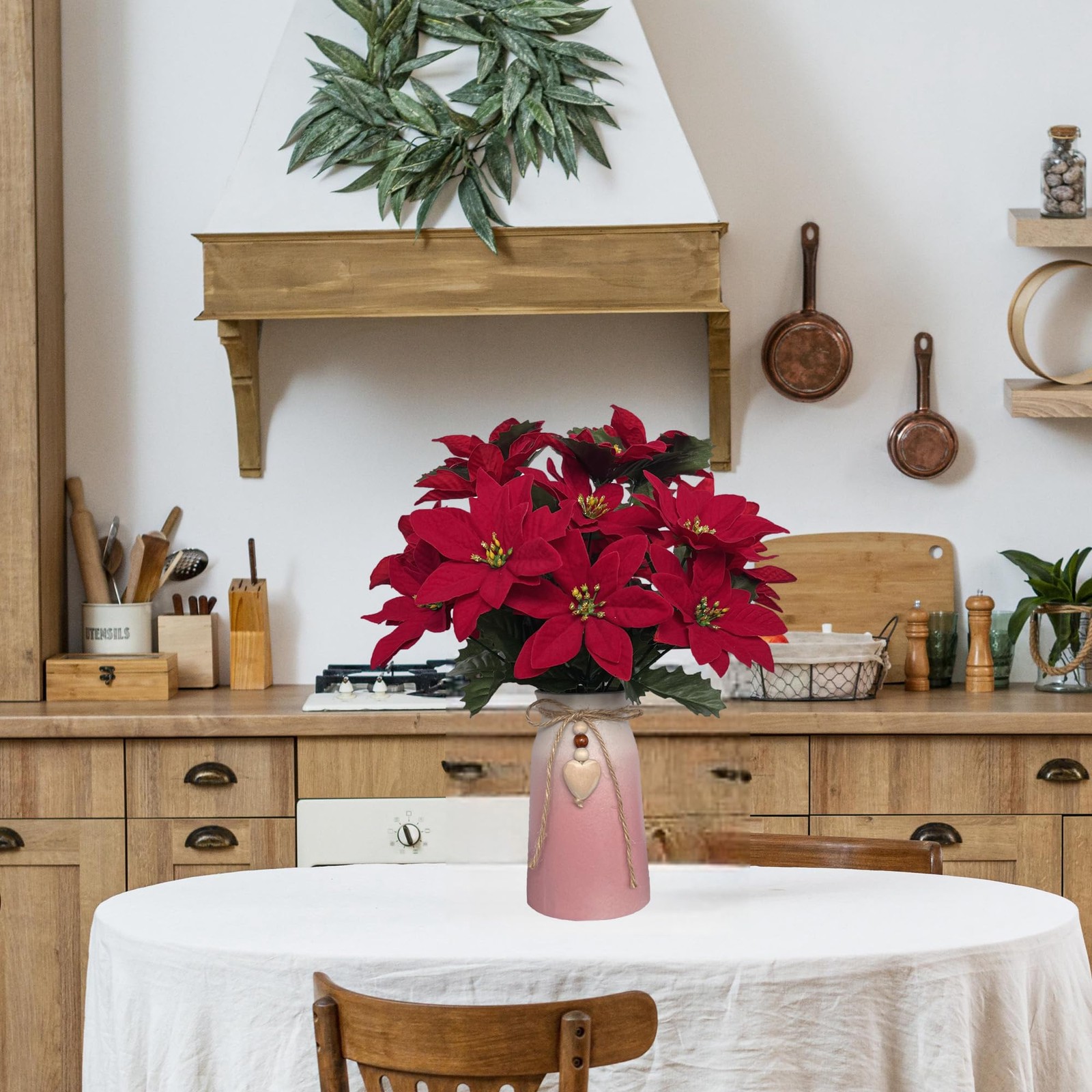 Red Artificial Poinsettia Faux Christmas Flower Arrangement Pink Vase Decor